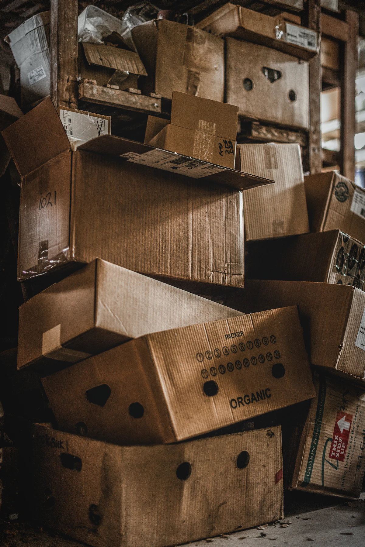 Stacks of cardboard boxes in a warehouse